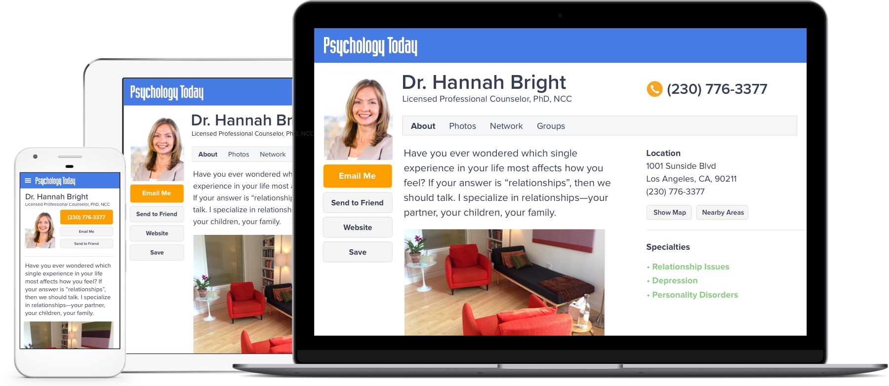 Therapy Directory examples of listings on mobile, tablet, and laptop.